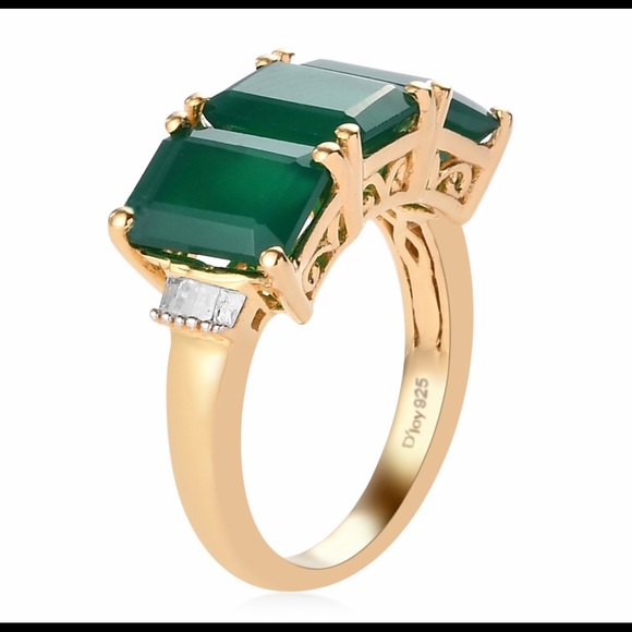 Green Onyx, Diamond 3 Stone Ring in Vermeil YG Over Sterling Silver - Picture 3 of 5